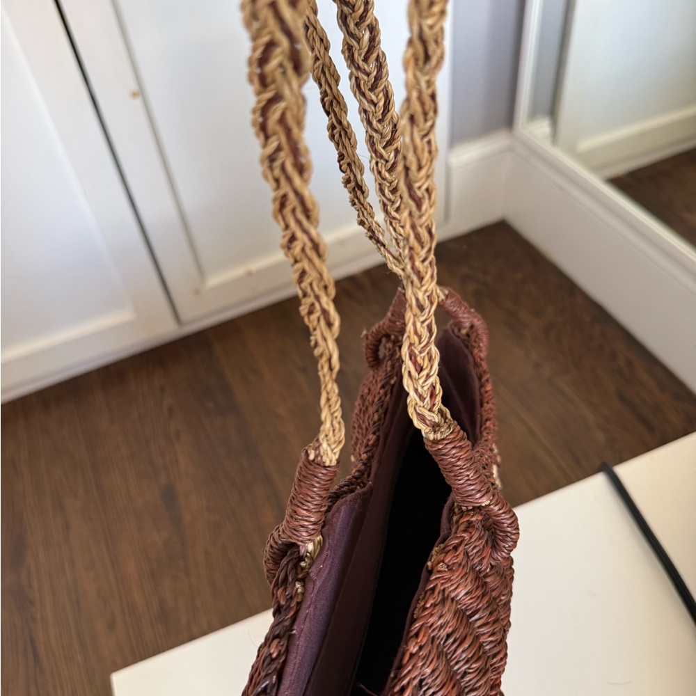Vintage Woven Brown Tan Raffia Brown Straw Tote Bag - Picture 7 of 7